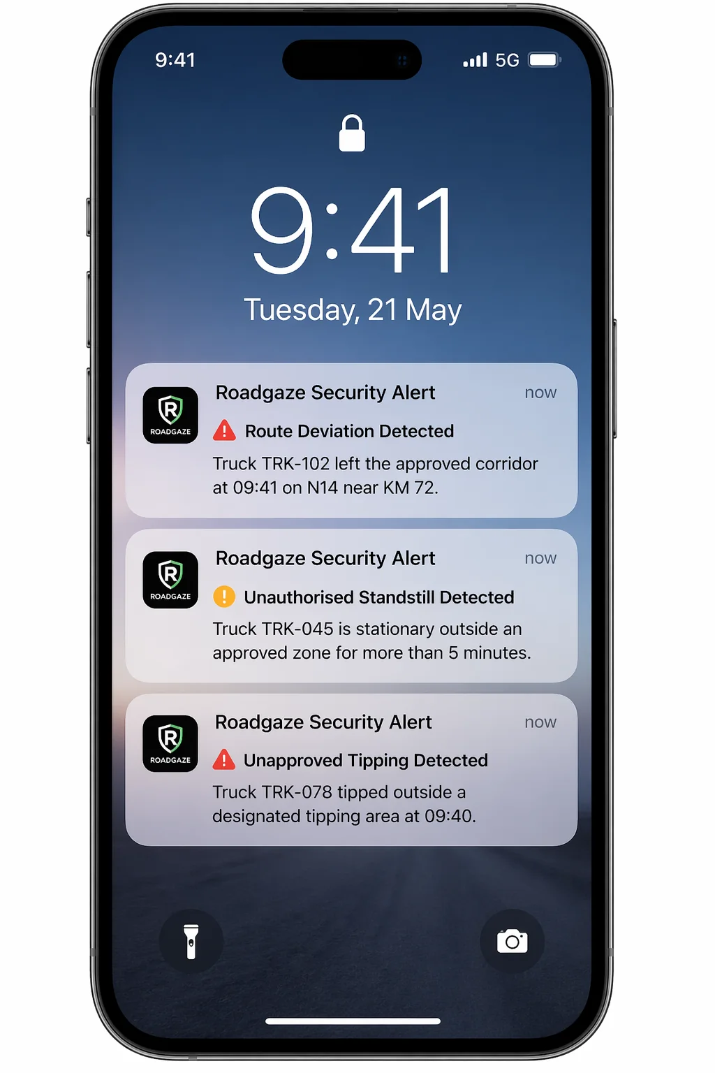 Roadgaze instant security alert push notification